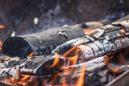 Image rapprochée montrant une bûche brûlant dans un feu avec des flammes émergeant. La scène capte l'intensité et la beauté du feu de bois
