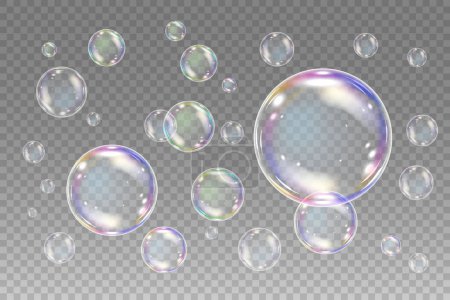 Realistische Seifenblasen mit Regenbogenreflexion. Große Menge isolierter Vektor-Illustration auf transparentem Hintergrund