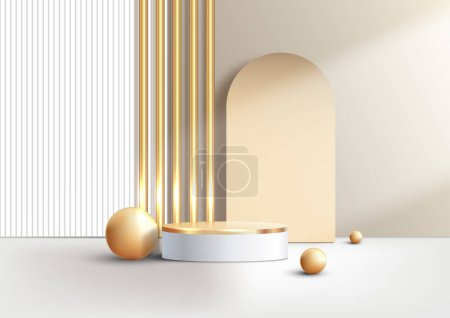 Téléchargez les illustrations : 3D realistic elegant white and gold cylinder podium stand decoration golden ball white and gold battens backdrop on clean background luxury minimal style. Product display for cosmetic, showroom, showcase, presentation, etc. Vector illustration - en licence libre de droit