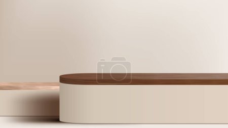 Illustration for 3D realistic top of surface wooden podium platform stand minimal wall scene on beige background. Display for spa and beauty, cosmetic product presentation showcase, mock up stage, cosmetic product display. Vector illustration - Royalty Free Image
