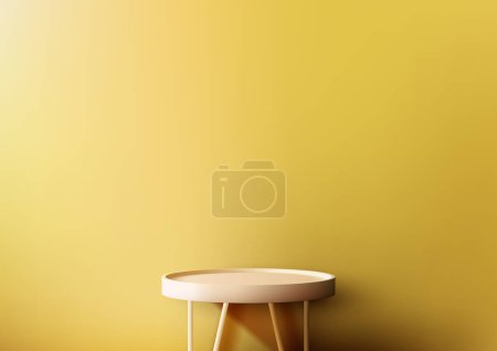 Ilustración de Soporte de plataforma de podio marrón de estilo moderno realista 3D o mesa aislada sobre fondo amarillo. Usted puede utilizar para la presentación cosmética de la belleza, la maqueta del escaparate, el showroom, la promoción del soporte del producto, el etc. Ilustración vectorial - Imagen libre de derechos