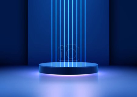 3D realistic empty blue podium stand with blue neon laser lines backdrop on dark blue background modern technology style. Use for tech presentation, showcase mockup, showroom, game product display promotion, etc. Vector illustration