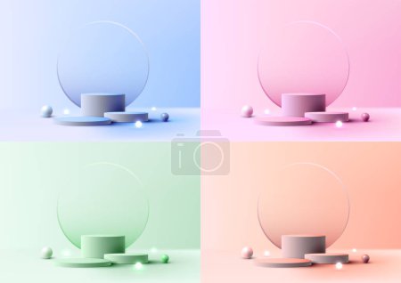 Set of 3D realistic empty group of podium stand with glass circle backdrop decoration and sphere light balls on pastel colors background. Product display for cosmetic, showroom, showcase, presentation, etc. Vector illustration