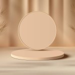3D realistic elegant beige podium stand adorned circle backdrop with palm leaves on a brown background. The natural concept and minimalist design provide an artistic flair. Vector illustration