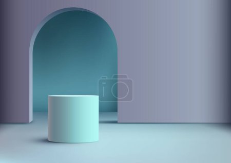 Illustration for 3D blue cylinder podium with door backdrop is a modern and stylish product display mockup. Vector illustration - Royalty Free Image