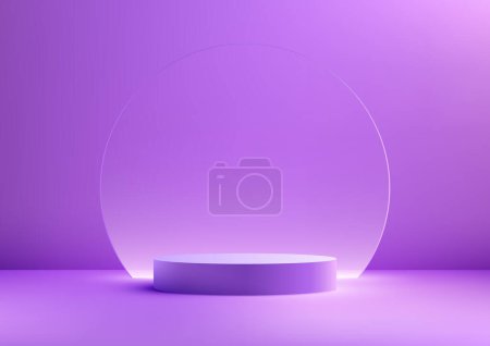 3D of a purple podium with a circle transparent glass backdrop is perfect for showcasing products. The podium is modern and stylish, and the background makes the product stand out. Vector illustration