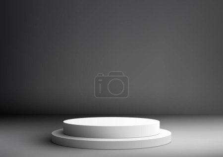 Białe podium 3D w studio to doskonała makieta do wyświetlania produktu. Puste podium jest na szarym tle ściany. Ilustracja wektora