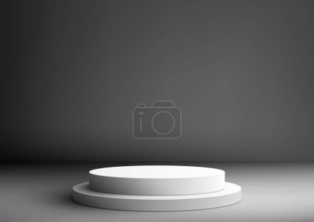 Téléchargez les illustrations : 3D podium blanc dans la salle de studio est une maquette parfaite pour l'affichage des produits. Le podium vide est sur un fond de mur gris. Illustration vectorielle - en licence libre de droit