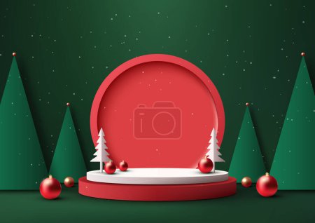 Christmas festive 3D realistic white and red color podium decoration with circle backdrop pine tree and red balls on green wall background. Christmas holiday concept product display, mockup, showroom, showcase. Vector illustration