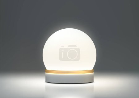 A sleek lamp with a white glass globe shade and a gold metal base sits on a white table. Vector illustration 