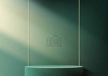 Téléchargez les illustrations : Piédestal vert minimaliste avec éclairage doux dans un cadre moderne et abstrait. Parfait pour présenter des produits, de l'art ou de la photographie dans un affichage élégant - en licence libre de droit