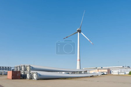 Photo for Magdeburg, Germany  June 10, 2022: Storage yard for components of wind turbines of the company Enercon in the port of Magdeburg - Royalty Free Image