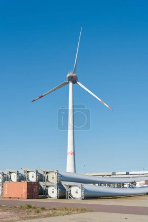Photo for Magdeburg, Germany  June 10, 2022: Storage yard for components of wind turbines of the company Enercon in the port of Magdeburg in Germany - Royalty Free Image