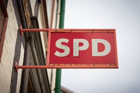 Photo for Wernigerode, Germany - July 01, 2023: Sign of the German party SPD at the house of the constituency office in Wernigerode in the Harz Mountains - Royalty Free Image