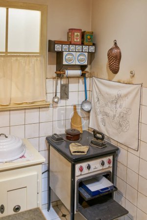 Photo for Prague, Czech Republic  October 05, 2023: Old historic kitchen with outdated equipment in an apartment in Prague in the Czech Republic - Royalty Free Image