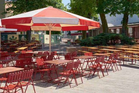 Photo for Berlin, Germany  May 30, 2023: Abandoned beer garden Prater without guests in the city center of Berlin - Royalty Free Image