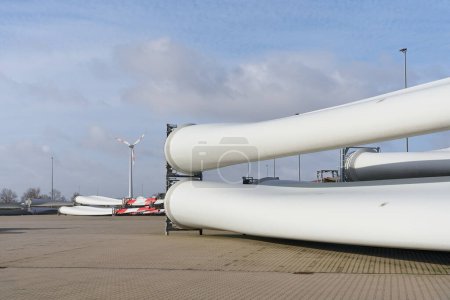 Photo for Storage area for wind turbine rotor blades in an industrial area in Magdeburg in Germany - Royalty Free Image