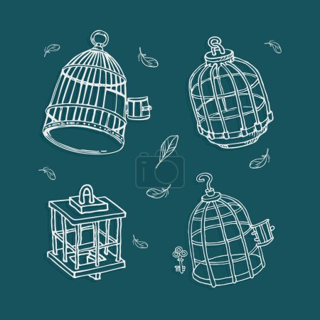 Photo for Hand drawn bird cages with feathers - Royalty Free Image