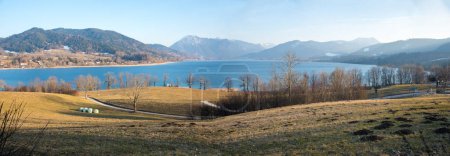 bavarian landscape with view to lake Tegernsee and alps, from Kaltenbrunn. early spring season