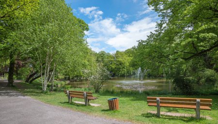 Photo for Spa garden Bad Aibling, lake Irlachsee with fountain, recreational area with benches. upper bavarian spring landscape - Royalty Free Image