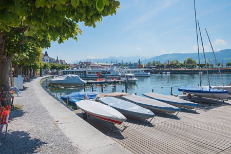 Photo for Pictorial harbor Rapperswil-Jona, canton St. Gallen switzerland. lakeside promenade and moord sailboats. - Royalty Free Image