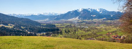 view from Sunntraten hiking trail to Brauneck mountain, bavarian landscape at early springtime