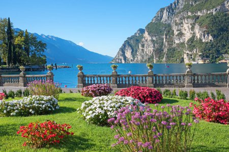 Téléchargez les photos : Pittoresque parc au bord du lac Riva del Garda, station touristique lac Gardasee nord. beaux parterres de fleurs colorées - en image libre de droit