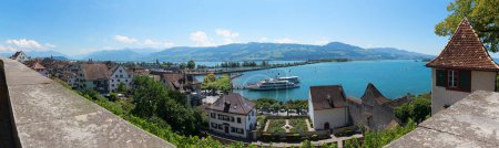 Photo for Lookout point Rapperswil, view to lake Zurichsee, swiss landscape panorama canton St. Gallen - Royalty Free Image