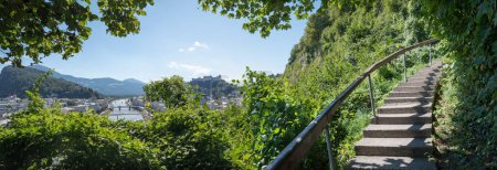 Foto de Ruta de senderismo aventurero a lo largo de Monchsberg, con escalera. vista a la fortaleza Hohensalzburg y el casco antiguo de Salzburgo y el río Salzach. Ramas con hojas verdes. - Imagen libre de derechos