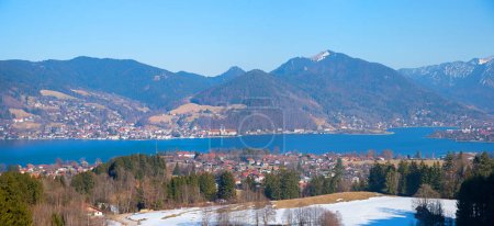 view to tourist resorts Bad Wiessee and Tegernsee and the lake, upper bavarian landscape
