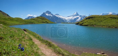 pictorial alpine lake Bachalpsee, view to Bernese Alps, Schreckhorn and Wetterhorn mountain. hiking destination Grindelwald First