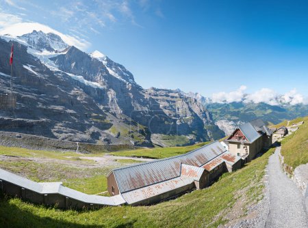 stunning alpine landscape, Hiking trail Kleine Scheidegg, Jungfrau mountain switzerland. Bernese Oberland tourist area.