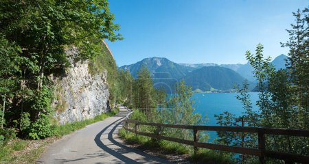idyllic lakeside walkway along lake Achensee, tyrolean landscape in summer