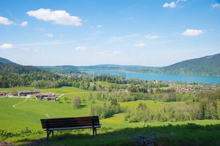 lookout place above Kleinbuch, spring landscape upper bavaria, view to lake tegernsee