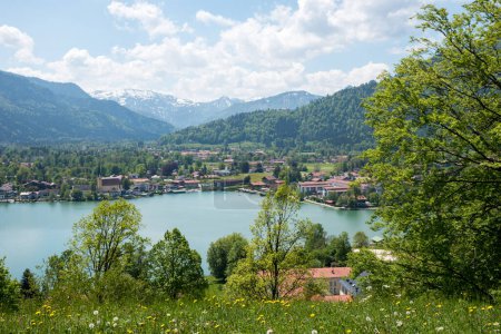 view to Rottach-Egern tourist resort and lake Tegernsee, springtime landscape upper bavaria