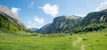 traumhafte Frühlingslandschaft mit grüner Alm, Wandergebiet Eng-Tirol, mit herzförmiger Wolke