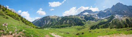 Photo for Stunning spring landscape panorama with green pasture, Eng  Alps tyrol, hiking area austria - Royalty Free Image