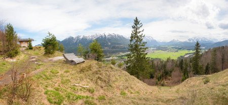 viewpoint Krepelschrofen mountain, landscape Wallgau, with wooden sunbed and shelter, upper bavaria