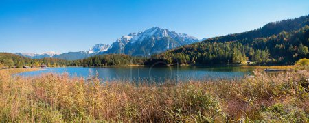 Seeufer Lautersee mit Schilfgras, Karwendelgebirge, Wanderziel bei Mittenwald, oberbayerische Landschaft im Herbst