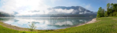 foggy morning lake Sylvenstein, green shore. beautiful wide spring landscape upper bavaria