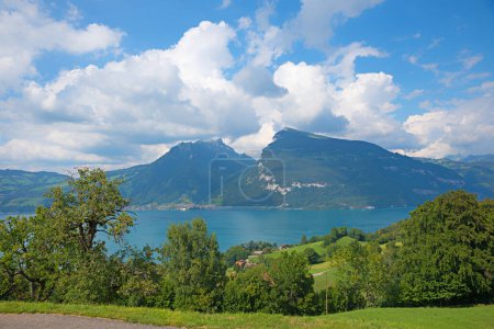 idyllic landscape Bernese Oberland, view to Niederhorn mountain and lake Thunersee from above