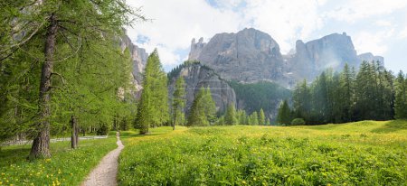 idyllischer Fußweg zum Pisciadu-Wasserfall, Quelllandschaft Kolfuschg, Südtirol. Dolomiten Alpen Italien