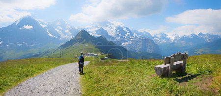 hiker at hiking way Mannlichen mountain, with view to Eiger, Monch and Jungfrau, switzerland. wooden bench in the meadow. landscape panorama, Bernese Oberland.