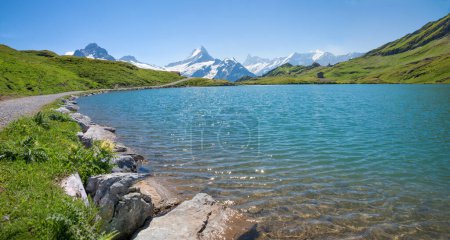 ruta de senderismo a lo largo del lago Bachalpsee enmedio verde paisaje alpino, Alpes berneses, cerca de Grindelwald Suiza