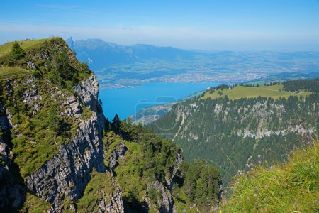 view from Niederhorn mountain summit to lake Thunersee, Bernese Oberland landscape