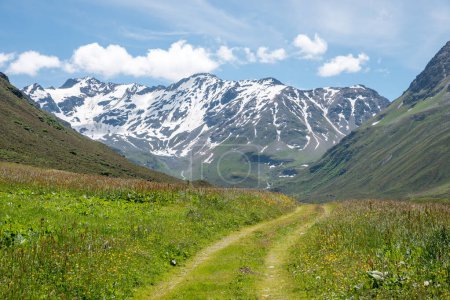 hiking trail Dischma valley, Scaletta glacier mountain. spring landscape switzerland, canton grisons