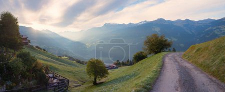morning sun at Prattigau landscape, view from Pany to the valley, swiss alps canton grisons