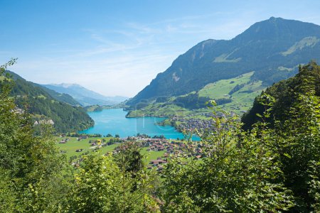 Touristenort Lungern, Blick vom Aussichtspunkt Brunigpass, grüne Sträucher. Landschaft Schweiz