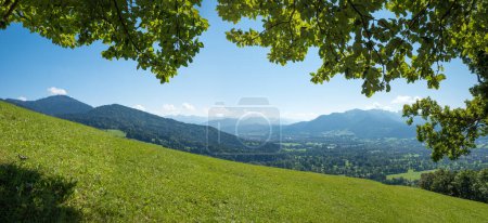 view from hiking trail Sunntraten, to Lenggries in the valley and Brauneck mountain. summer landscape with green meadow and branches, upper bavaria