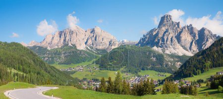 View from Campolognopass to tourist resort Corvara, Alta Badia, south tyrol. pictorial landscape dolomites alps italy